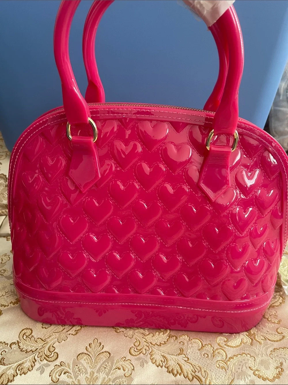 Betsey Johnson Hot Pink Patent Heart-Embossed Satchel